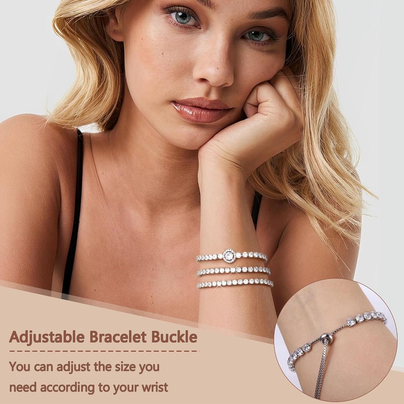 Yadoca Tennis Bracelets For Women - Silver Plated Bracelet Stack Cubic Zirconia CZ Diamond Adjustable Stackable Bracelets Set For Prom Wedding Jewelry Gift 3Pcs - Image 2